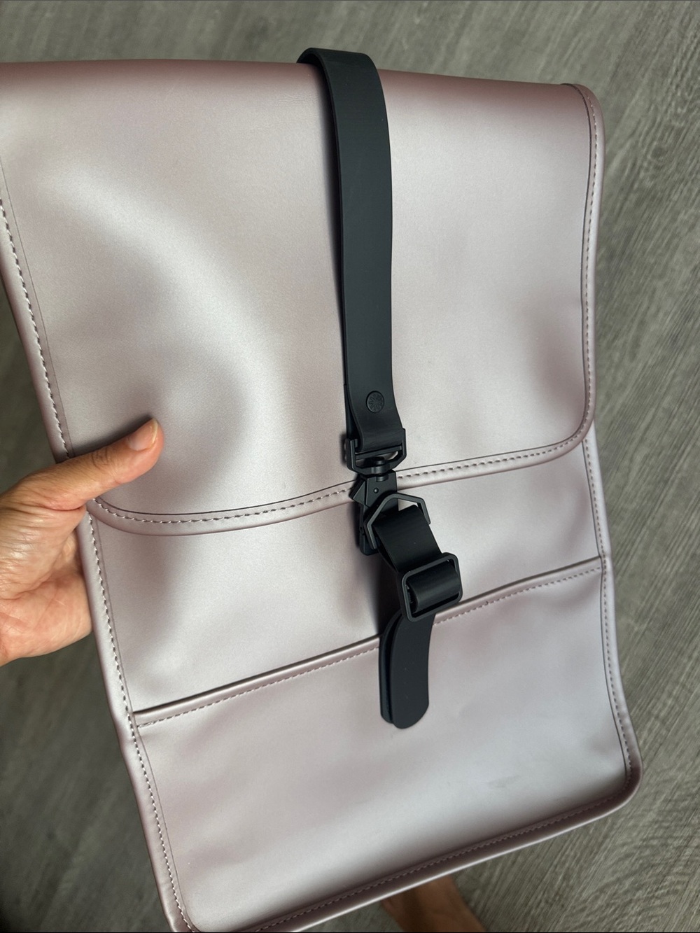Rains Dusty Rose Metallic Backpack with Black Strap